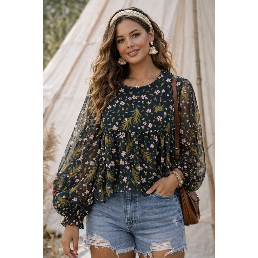 Vero Moda Floral Balloon Sleeve Top L New